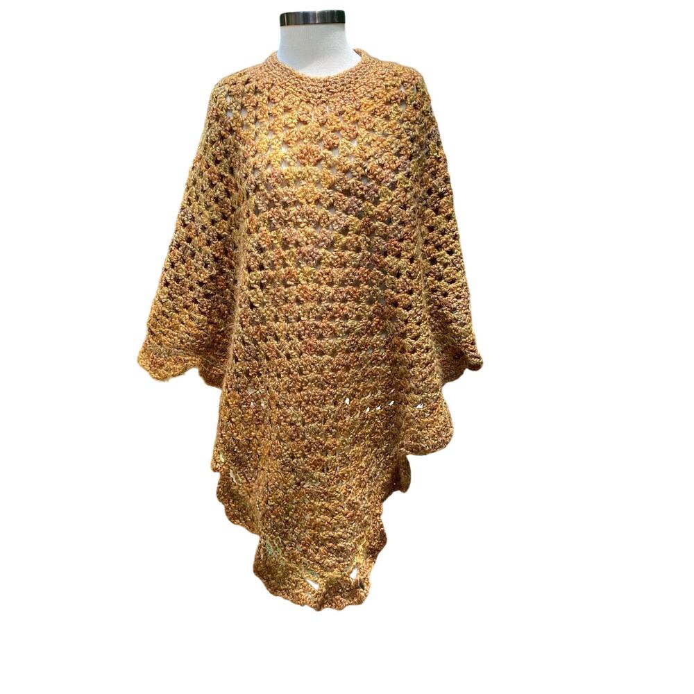 Gorgeous Hand knit Mustard Yellow Gold Brown Autumn Poncho Fall Fashion One SZ